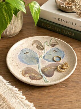 Signed Studio Art Pottery Botanical Trinket Dish Plate 8.25" Handmade Boho Decor